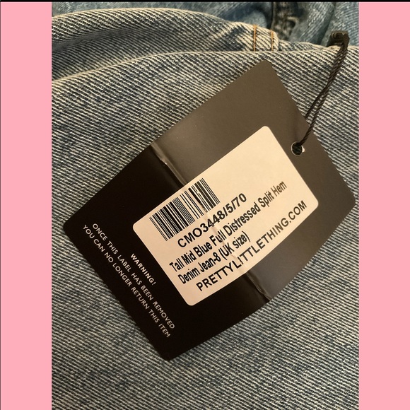 Pretty Little Thing - Tall Mid Blue Full Distressed Split Hem Denim Jean - Picture 3 of 4